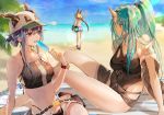  amiya_(arknights) animal_ears arknights bangs bare_shoulders baseball_cap beach beach_towel blue_hair brown_hair ch&#039;en_(arknights) clouds day dragon_girl dragon_horns food green_hair hair_between_eyes hat highres horns horns_through_headwear hoshiguma_(arknights) long_hair multiple_girls navel ocean oni_horns outdoors palm_tree ponytail popsicle rabbit_ears red_eyes sanbabasanba shore short_shorts shorts single_horn sleeveless smile sun_hat swimsuit tail towel tree watch watch water 