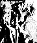  2boys 2girls 963c_lose angel_devil_(chainsaw_man) bangs bare_shoulders black_choker black_hair black_suit blush braid braided_ponytail business_suit chainsaw_man choker crossed_legs demon_boy formal hair_between_eyes hair_bun halo hand_on_own_chin highres hood hoodie light_smile long_hair looking_at_viewer looking_to_the_side makima_(chainsaw_man) mask monochrome multiple_boys multiple_girls reze_(chainsaw_man) ringed_eyes shirt sitting sleeveless sleeveless_shirt smile suit tied_hair tongue tongue_out v violence_devil_(chainsaw_man) wavy_hair white_shirt 