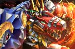  abarenoh bakuryuu_sentai_abaranger close-up dinosaur explosion glowing glowing_eyes green_eyes hawe_king looking_at_viewer mecha no_humans solo super_sentai tokusatsu 