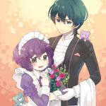  1boy 1girl bernadetta_von_varley blue_eyes blue_hair butler byleth_(fire_emblem) byleth_eisner_(male) closed_mouth fire_emblem fire_emblem:_three_houses flower gloves grey_eyes long_sleeves maid maid_headdress open_mouth purple_hair short_hair stuffed_animal stuffed_toy teddy_bear tefutene upper_body white_gloves 