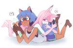  !? 2girls animal_ears blue_hair brand_new_animal cellphone fox_ears fox_girl fox_tail fur furry green_eyes heart hiwatashi_nazuna holding holding_phone hoyon kagemori_michiru long_hair lying multiple_girls on_stomach one_eye_closed phone pink_hair raccoon_girl raccoon_tail red_eyes short_hair simple_background smile spoken_heart tail white_background yuri 