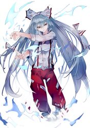  1girl bangs closed_mouth commentary_request eyebrows_visible_through_hair fingernails floating_hair fujiwara_no_mokou hair_between_eyes hair_ribbon highres ikurauni long_hair pants popped_collar red_eyes red_pants ribbon shirt silver_hair sleeves_rolled_up solo suspenders touhou very_long_hair white_shirt 