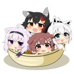  4girls ahoge animal_ear_fluff animal_ears bangs black_hair blush bone_hair_ornament bowl brown_eyes brown_hair cat_ears cat_girl chibi commentary_request dog_ears dog_girl eyebrows_visible_through_hair fang fox_ears fox_girl green_eyes hair_between_eyes hair_ornament hairband hairclip highres hololive hololive_gamers inugami_korone long_hair looking_at_viewer multicolored_hair multiple_girls nekomata_okayu ookami_mio open_mouth orange_eyes purple_hair redhead shirakami_fubuki sidelocks simple_background two-tone_hair twumi violet_eyes virtual_youtuber white_background white_hair wolf_ears wolf_girl 