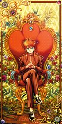  1boy black_footwear blue_flower blue_rose chair crossed_legs flower full_body green_eyes interlocked_fingers jungyun99 kurama looking_at_viewer male_focus plant red_flower red_rose redhead rose school_uniform sidelocks sitting smile vines yellow_flower yellow_rose yuu_yuu_hakusho 