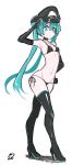  1girl aqua_eyes aqua_hair bikini black_bikini black_footwear black_headwear black_legwear blush full_body hand_on_hip hat hatsune_miku high_heels long_hair looking_at_viewer not_on_shana peaked_cap salute side-tie_bikini signature simple_background solo standing swimsuit thigh-highs twintails vocaloid white_background 