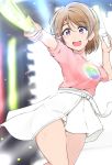  1girl absurdres ankoiri belt blurry blurry_background blush brown_hair glowstick highres holding koizumi_hanayo love_live! love_live!_school_idol_project motion_blur open_mouth pink_shirt shirt short_hair short_sleeves skirt solo sweat thighs violet_eyes white_skirt 