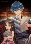  1boy 1girl age_difference bangs black-framed_eyewear blue_eyes blue_hair book brown_hair closed_mouth collared_shirt commentary_request eyebrows_visible_through_hair eyelashes facial_mark fate/grand_order fate_(series) forehead_mark glasses hans_christian_andersen_(fate) highres holding holding_book holding_paper indoors lindanyunyu long_hair looking_at_viewer paper parted_bangs parted_lips sesshouin_kiara sesshouin_kiara_(lily) shirt striped striped_shirt teeth vertical-striped_shirt vertical_stripes watermark yellow_eyes 