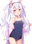  1girl animal_ears azur_lane blue_swimsuit coat competition_school_swimsuit covered_navel fake_animal_ears hairband laffey_(azur_lane) long_hair off_shoulder one-piece_swimsuit open_mouth pink_coat rabbit_ears red_eyes school_swimsuit silver_hair simple_background solo swimsuit thighs tiger_rmn twintails very_long_hair white_background 