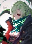  1girl bangs black_jacket blurry blurry_background breasts commentary_request covered_mouth depth_of_field eyebrows_visible_through_hair green_hair green_scarf grey_background highres hoshizaki_reita jacket little_match_girl_(sinoalice) looking_away open_clothes open_jacket red_eyes scarf signature sinoalice small_breasts solo upper_body 