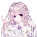  1girl ascot bangs bow braid brown_hair collared_shirt eyebrows_visible_through_hair hair_bow hands_in_hair hands_up long_hair long_sleeves looking_at_viewer original parted_lips shirt solo violet_eyes white_bow white_neckwear white_shirt ymkrnchan 