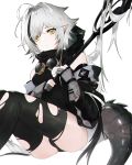  1girl 3o_c arknights black_dress black_legwear dress elf eyebrows_visible_through_hair fingerless_gloves gloves grey_gloves hair_between_eyes highres long_hair looking_at_viewer pointy_ears silver_hair sitting solo tail thigh-highs tomimi_(arknights) torn_clothes torn_legwear white_background yellow_eyes 