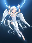 1girl angel angel_wings bare_shoulders feathered_wings feathers halo highres loli low_wings multiple_wings o.m original ribbon short_hair simple_background solo white_eyes white_hair white_legwear white_wings wings