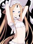  1girl abigail_williams_(fate/grand_order) abigail_williams_(swimsuit_foreigner)_(fate) armpits arms_behind_head arms_up artist_request bangs bare_shoulders bikini black_background blonde_hair blue_eyes blush bonnet bow breasts fate/grand_order fate_(series) forehead hair_bow hair_rings highres keyhole long_hair looking_at_viewer miniskirt navel open_mouth parted_bangs sidelocks simple_background skirt small_breasts smile swimsuit tentacles twintails very_long_hair white_bikini white_bow white_headwear 
