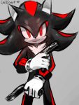  1boy animal_ears artist_name black_hair blush commentary dual_wielding english_commentary furry gloves grey_background gun hand_up handgun heart holding holding_gun holding_weapon light_blush looking_at_viewer male_focus monochrome multicolored_hair red_eyes redhead shadow_the_hedgehog signature simple_background sketch solo sonic_the_hedgehog spacecolonie standing two-tone_hair weapon white_gloves 
