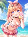  1girl :d bangs beach bikini bikini_skirt black_choker blush breasts choker collarbone cowboy_shot cup day disposable_cup drinking_straw eyebrows_visible_through_hair eyewear_on_head gochuumon_wa_usagi_desu_ka? heart heart-shaped_eyewear highres hoto_cocoa leaning_forward long_hair looking_at_viewer low_twintails medium_breasts mozukun43 open_mouth orange_hair outdoors palm_tree pink_nails scrunchie smile solo sunglasses swimsuit tree twintails violet_eyes wrist_scrunchie 