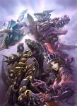  1girl abare_black abarenoh bakuryuu_sentai_abaranger black_ride_raptor brown_hair dinosaur dinosaur_riding graphite_(medium) grey_eyes hakai_no_shito_jeanne looking_up maeda_hiroyuki mecha open_mouth super_sentai tokusatsu traditional_media velociraptor 