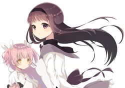  2girls absurdres akemi_homura bangs black_hair goddess_madoka hair_ornament hairband highres kaname_madoka long_hair looking_at_viewer magical_girl mahou_shoujo_madoka_magica multiple_girls nanahosiryuuki pink_hair simple_background twintails violet_eyes yellow_eyes 