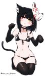  1girl animal_ear_fluff animal_ears bikini black_bikini black_choker black_gloves black_legwear blush breasts cat_ears cat_tail choker cross elbow_gloves fox_mask full_body gloves heterochromia highres kneeling kuchinashi_(not_on_shana) looking_at_viewer mask mask_on_head navel not_on_shana original paw_pose short_hair side-tie_bikini simple_background small_breasts solo swimsuit tail thigh-highs white_background 