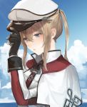  1girl black_gloves blonde_hair capelet clouds day gloves graf_zeppelin_(kantai_collection) hair_between_eyes hat highres kantai_collection long_hair long_sleeves military military_uniform open_mouth peaked_cap sha_(isago) sidelocks solo sweat twintails uniform upper_body violet_eyes 