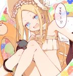  1girl :d abigail_williams_(fate/grand_order) abigail_williams_(swimsuit_foreigner)_(fate) absurdres animal bangs bare_shoulders bikini black_cat blonde_hair blue_eyes blush bonnet bow cat commentary_request eyebrows_visible_through_hair fate/grand_order fate_(series) forehead hair_bow head_tilt highres innertube knees_up looking_at_viewer open_mouth parted_bangs signature sitting smile sofra solo strapless strapless_bikini striped striped_bow swimsuit translation_request twitter_username white_bikini white_bow white_headwear 
