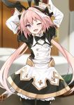  1boy astolfo_(fate) astolfo_(saber)_(fate) bangs black_bow black_dress black_gloves black_legwear black_neckwear black_ribbon blush bow bowtie bunny_pose buttons dress fang fate/grand_order fate_(series) gloves hair_intakes hands_up highres juliet_sleeves layered_skirt long_hair long_sleeves looking_at_viewer low_twintails multicolored_hair one_eye_closed open_mouth otoko_no_ko pink_hair puffy_sleeves ribbon shengtian skin_fang skirt smile streaked_hair twintails violet_eyes white_hair white_skirt 