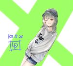  1girl alternate_costume artist_logo bangs baseball_cap black_headwear blunt_bangs brown_eyes casual clothes_writing commentary_request dated denim denim_shorts green_hair grey_sweater hat highres kantai_collection ld long_sleeves shorts solo sweater two-tone_background yuubari_(kantai_collection) 