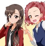  2girls ;d alternate_hairstyle bangs black_shirt blazer blue_sweater brown_eyes brown_hair closed_mouth dress_shirt frown girls_und_panzer hair_ornament hair_over_shoulder hairclip half_updo hand_in_hair highres jacket leaning_forward long_hair long_sleeves looking_at_viewer low-tied_long_hair medium_hair multiple_girls necktie one_eye_closed open_mouth orange_eyes red_jacket redhead reverse_trap rosehip_(girls_und_panzer) rukuriri_(girls_und_panzer) shirt smile sweatdrop sweater sweater_vest tanutika upper_body v-neck w white_neckwear white_shirt 