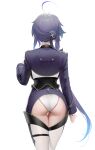  1girl absurdres ahoge ass ass_cutout asymmetrical_hair azur_lane clenched_hand clothing_cutout cowboy_shot foch_(azur_lane) from_behind gradient_hair highres jacket leotard long_hair long_sleeves military military_uniform multicolored_hair ohisashiburi purple_hair purple_jacket simple_background solo tied_hair uniform white_background white_leotard 