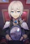  1boy ascot bangs black_jacket black_pants blue_eyes blurry braid cape chair closed_mouth collared_shirt commentary depth_of_field gem grey_hair hair_between_eyes hair_ornament highres holding holding_mirror huyuharu0214 indoors jacket long_sleeves looking_at_viewer male_focus mirror mirror_image original pants shirt single_braid sitting smile solo white_cape white_shirt 