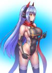  1girl android bare_shoulders breasts covered_navel elbow_gloves eyebrows_visible_through_hair fukadumeasadume gloves hair_between_eyes hana_(xenoblade) hana_jd headgear highleg highleg_leotard highres joints large_breasts leotard long_hair purple_hair red_scarf robot_ears robot_joints scarf sidelocks skin_tight smile solo swimsuit thigh-highs xenoblade_(series) xenoblade_2 yellow_eyes 