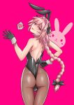  1boy absurdres alternate_costume animal_ears astolfo_(fate) black_gloves black_ribbon braid braided_ponytail bunny_boy bunny_hair_ornament bunny_tail bunnysuit fate/apocrypha fate/grand_order fate_(series) gloves hair_ornament heart hej highres leotard long_hair looking_at_viewer one_eye_closed pink_background pink_hair rabbit_ears ribbon simple_background solo tail tongue tongue_out violet_eyes 