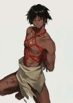  1boy arknights arms_behind_back black_hair bound collarbone dark_skin dark_skinned_male earrings foot_out_of_frame jewelry looking_at_viewer male_focus necklace orange_eyes pic_(pcsama) simple_background solo squatting tattoo thorns_(arknights) white_background 