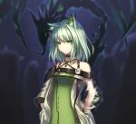  1girl animal_ear_fluff animal_ears arknights artist_name bangs bare_shoulders black_choker breasts cat_ears chagara choker closed_mouth collarbone commentary_request dress eyebrows_visible_through_hair green_dress green_eyes hands_in_pockets highres jacket kal&#039;tsit_(arknights) long_sleeves looking_at_viewer medium_breasts medium_hair see-through_silhouette short_hair silver_hair solo standing tagme upper_body white_jacket 