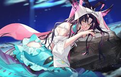  1girl bangs bare_shoulders black_hair bow closed_mouth commentary_request detached_sleeves eyelashes facial_mark fate/grand_order fate_(series) forehead_mark frills hair_rings highres horns hug_(yourhug) long_hair nail_polish parted_bangs purple_nails ribbon sesshouin_kiara sesshouin_kiara_(swimsuit_mooncancer)_(fate) solo very_long_hair yellow_eyes 