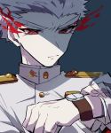  1boy blue_background buttons clenched_hand closed_mouth collar commentary_request dangan_ronpa dangan_ronpa_1 epaulettes expressionless flaming_eyes gakuran hand_on_own_arm hands_up highres holding_arm ishimaru_kiyotaka long_sleeves looking_at_watch looking_down mandarin_collar nekoma_hikaru red_eyes school_uniform simple_background sleeves_rolled_up solo spoilers thick_eyebrows upper_body watch watch white_gakuran white_hair 