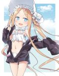  1girl abigail_williams_(fate/grand_order) abigail_williams_(swimsuit_foreigner)_(fate) bikini black_jacket blonde_hair blue_eyes blush bonnet bow chin_strap clouds commentary_request fate/grand_order fate_(series) hair_rings jacket long_hair looking_at_viewer navel no_bangs off_shoulder open_clothes open_jacket open_mouth ribbon sidelocks sleeves_past_fingers sleeves_past_wrists smile solo strapless strapless_bikini swimsuit toto_nemigi twintails very_long_hair white_bikini white_bow white_headwear white_ribbon 