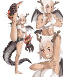  1girl absurdres armpits bangs blonde_hair breasts covered_nipples dark_skin dragon_girl dragon_horns dragon_tail dragon_wings gauntlets gym_shorts halter_top halterneck highres horns looking_at_viewer medium_breasts medium_hair mipoog navel open_mouth original red_eyes shorts simple_background smile solo tail toned white_background wings 