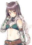  1girl animal_ear_fluff animal_ears bangs bare_shoulders black_hair blush brown_eyes closed_mouth ear_piercing eyebrows_visible_through_hair fingerless_gloves gloves gradient_hair grey_gloves grey_hair hair_between_eyes hand_up long_hair midorikawa_you midriff multicolored_hair navel piercing princess_connect! princess_connect!_re:dive shiori_(princess_connect!) simple_background smile solo striped_tail tail tail_raised tiger_ears tiger_girl tiger_tail vambraces white_background 