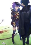  1boy 1girl arrow_(projectile) backlighting bernadetta_von_varley blood bloody_clothes blush boots bow_(weapon) byleth_(fire_emblem) byleth_eisner_(male) closed_eyes commentary crying fire_emblem fire_emblem:_three_houses full_body garreg_mach_monastery_uniform grass highres kyufe outdoors petting tears thigh-highs thigh_boots weapon zettai_ryouiki 