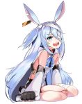  1girl animal_ears bandage_over_one_eye bandaged_head bandaged_leg bandages bike_shorts black_shorts blue_eyes boots cape doll_joints ear_tag elbow_gloves gloves highres joints korean_commentary little_witch_nobeta long_hair monica_(little_witch_nobeta) open_mouth rabbit_ears sharp_teeth short_shorts shorts silver_hair simple_background sitting smile solo tabard teeth thighs torpedo_(gad3757) two_side_up very_long_hair white_background white_cape white_footwear white_gloves white_tabard 