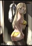  1girl artist_name ass bikini blonde_hair blue_eyes breasts commentary_request cowboy_shot highres hornet_(kantai_collection) indoors kantai_collection large_breasts long_hair looking_at_viewer pantyhose pantyhose_pull seitei_(04seitei) side-tie_bikini solo standing swimsuit yellow_bikini 