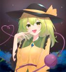  1girl arm_up black_headwear blurry blurry_background commentary eyebrows_visible_through_hair finger_to_mouth flower green_eyes green_hair hair_between_eyes hat hat_ribbon heart heart_of_string highres hydrangea kanpa_(campagne_9) komeiji_koishi long_sleeves looking_at_viewer medium_hair night open_mouth outdoors ribbon shirt solo standing star_(sky) third_eye tongue tongue_out touhou upper_body yellow_shirt 