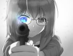  1girl glasses greyscale gun heterochromia highres kamikoshi_sorao looking_at_viewer monochrome short_hair solo upper_body urasekai_picnic weapon 