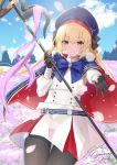 1girl artoria_pendragon_(all) artoria_pendragon_(caster) black_legwear blonde_hair clouds commentary_request cowboy_shot day eyebrows_visible_through_hair fate/grand_order fate_(series) gloves green_eyes hair_between_eyes hat highres holding holding_staff looking_at_viewer outdoors pantyhose skirt sky smile solo staff standing tree twintails underwear yamamura_umi 