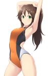  1girl arched_back arm_over_head armpits arms_up bangs black_swimsuit blush breasts brown_hair commentary_request competition_swimsuit contrapposto covered_navel green_eyes grey_swimsuit hair_ornament hairclip highleg himekawa_yuki idolmaster idolmaster_cinderella_girls long_hair looking_at_viewer medium_breasts multicolored multicolored_clothes multicolored_swimsuit one-piece_swimsuit orange_swimsuit pataniito simple_background smile solo swimsuit white_background 