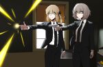  2girls ahoge artoria_pendragon_(all) blonde_hair cowboy_shot eyebrows_visible_through_hair fate/grand_order fate_(series) formal girls_frontline gun hair_ornament handgun holding holding_gun holding_weapon j.k. jeanne_d&#039;arc_(alter)_(fate) jeanne_d&#039;arc_(fate)_(all) long_sleeves multiple_girls pants parody pistol ponytail pulp_fiction saber_alter short_hair standing suit ump45_(girls_frontline) ump9_(girls_frontline) weapon yellow_eyes 