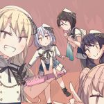  5girls ayasaka bang_dream! black_hair blonde_hair futaba_tsukushi grey_neckwear hair_ornament hiromachi_nanami kirigaya_touko kurata_mashiro long_hair morfonica multiple_girls open_mouth photo-referenced photobomb ribbon short_hair silver_hair twintails v white_uniform yashio_rui 