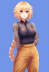  1girl absurdres alternate_costume arms_behind_back bangs black_shirt blonde_hair blue_background blue_eyes blush braid breasts brown_pants choukoukou_no_diaosi collarbone collared_shirt commentary_request cowboy_shot dress_shirt eyebrows_visible_through_hair fate/grand_order fate_(series) highres jeanne_d&#039;arc_(fate) jeanne_d&#039;arc_(fate)_(all) large_breasts long_braid long_hair long_sleeves looking_at_viewer pants parted_lips see-through shirt shirt_tucked_in simple_background single_braid solo teeth very_long_hair violet_eyes wing_collar 