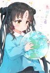  1girl ball bangs black_hair black_skirt blue_shirt blush brown_eyes closed_mouth collared_shirt commentary_request double_bun eyebrows_visible_through_hair facial_mark fate/grand_order fate_(series) forehead_mark globe gomennasai holding holding_ball kindergarten_uniform long_hair long_sleeves looking_away multicolored_hair parted_bangs pink_hair pleated_skirt puffy_long_sleeves puffy_sleeves sesshouin_kiara sesshouin_kiara_(lily) shirt simple_background skirt sleeves_past_wrists smile solo star_(symbol) translation_request transparent two-tone_hair two_side_up very_long_hair white_background 