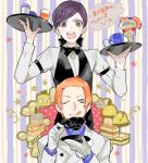  2boys ;d archived_source borrowed_character bow bowtie cup desert drawr earrings food formal gloves green_eyes hair_bow hair_ornament hair_up hairpin heterochromia holding holding_cup holding_tray jewelry male_focus multiple_boys nishihara_isao oekaki one_eye_closed open_mouth orange_hair original parfait purple_hair saucer short_hair smile suit teacup tray vest violet_eyes waiter white_suit yellow_eyes 